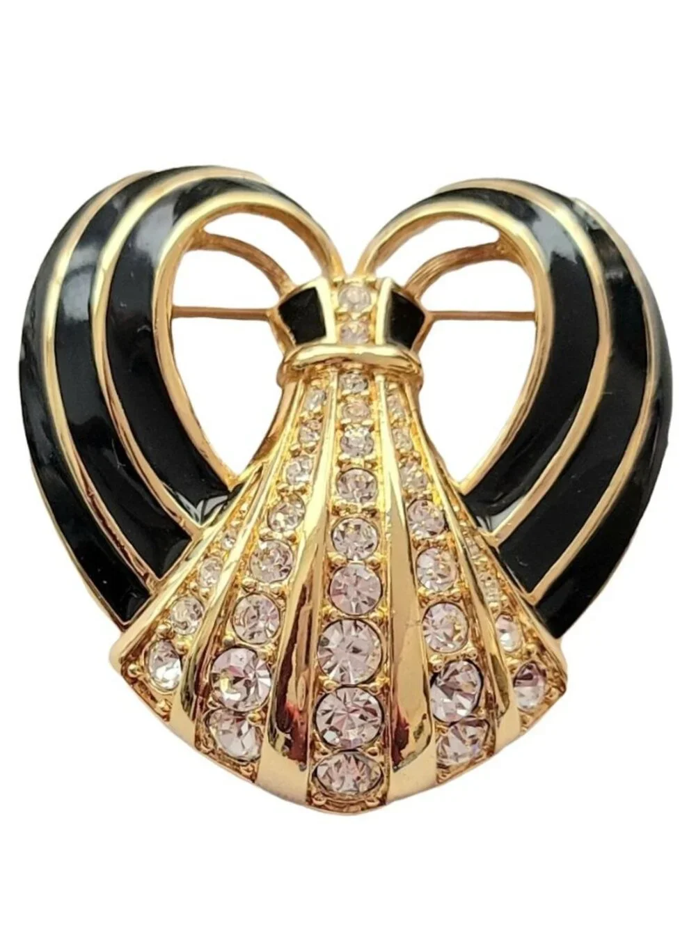 Swarovski Black Enamel Cloisonne Clear Crystal Rhinestone Heart Brooch, Signed